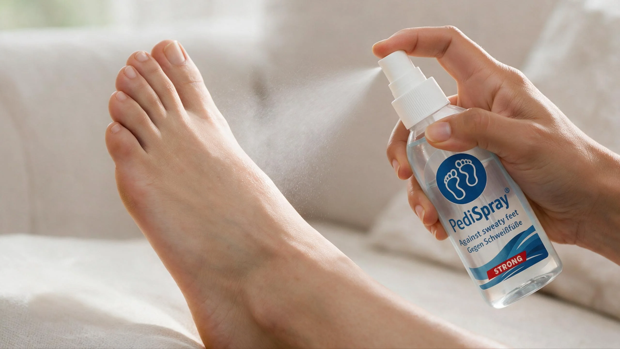 PediSpray® anti-transpirant appliqué sur des pieds propres et secs